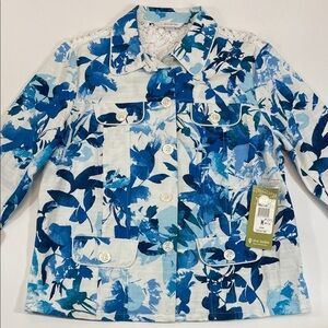 Erin London Floral Button Front Jacket Blue White Lace Trim Women Sz M